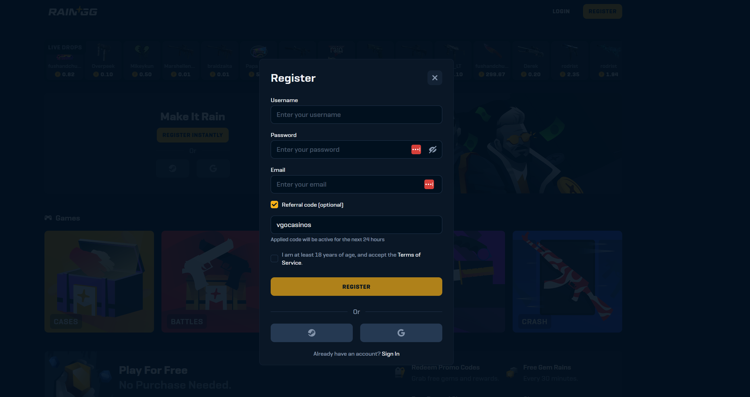 Use Rain.gg promo code 2025: vgocasinos for best VIP bonuses | VGOCasinos